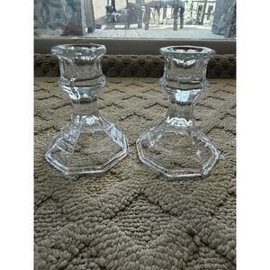 Luminessence Candle Holders 4" Clear Glass Taper Octagonal 8 Sides Lot Of 2